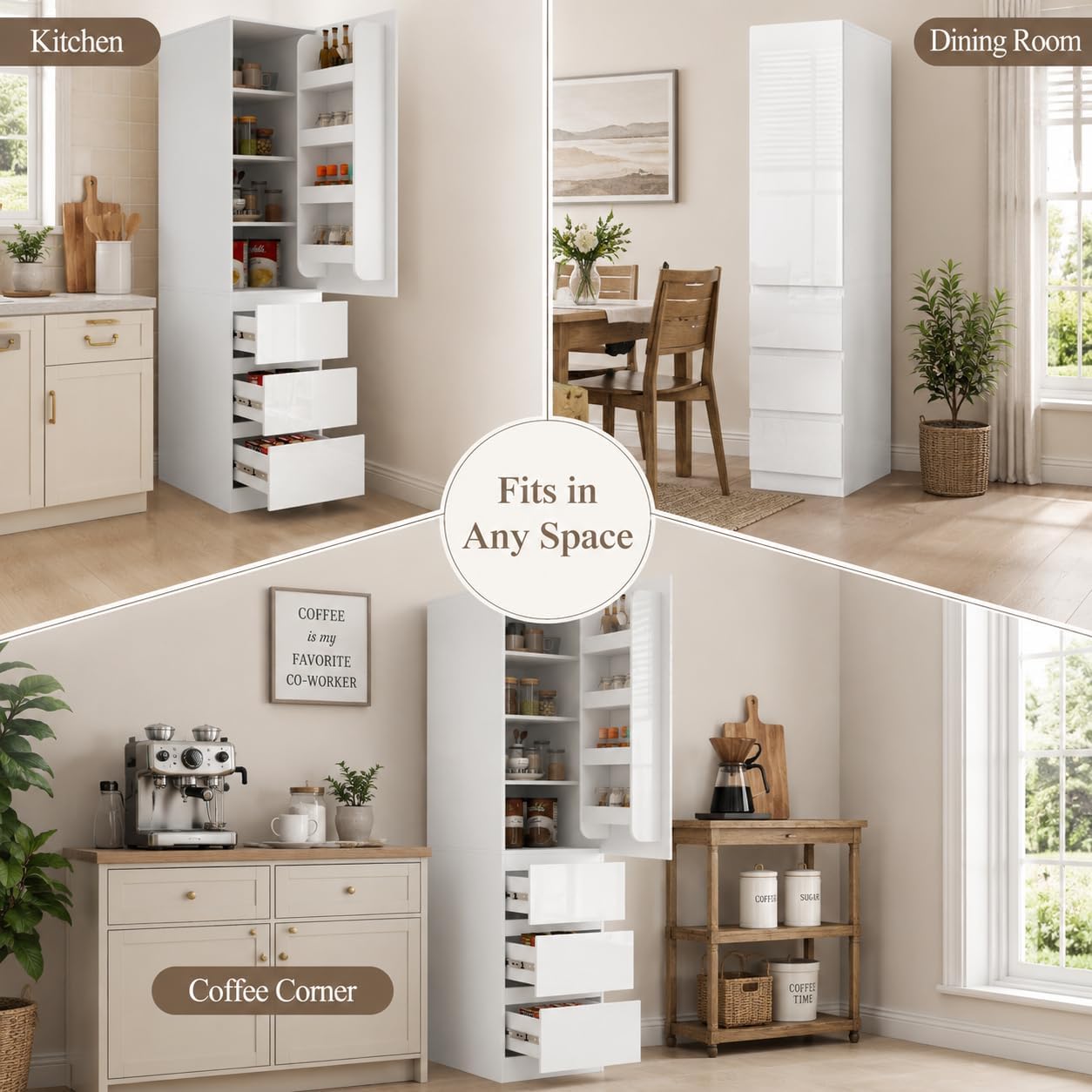 Kitchen Pantry Cabinet, 70.9" Tall Pantry Storage Cabinet with Doors, 3 Drawers, Shelves and Right-Side Door Racks, Freestanding Kitchen Storage Cabinet for Kitchen and Home, White