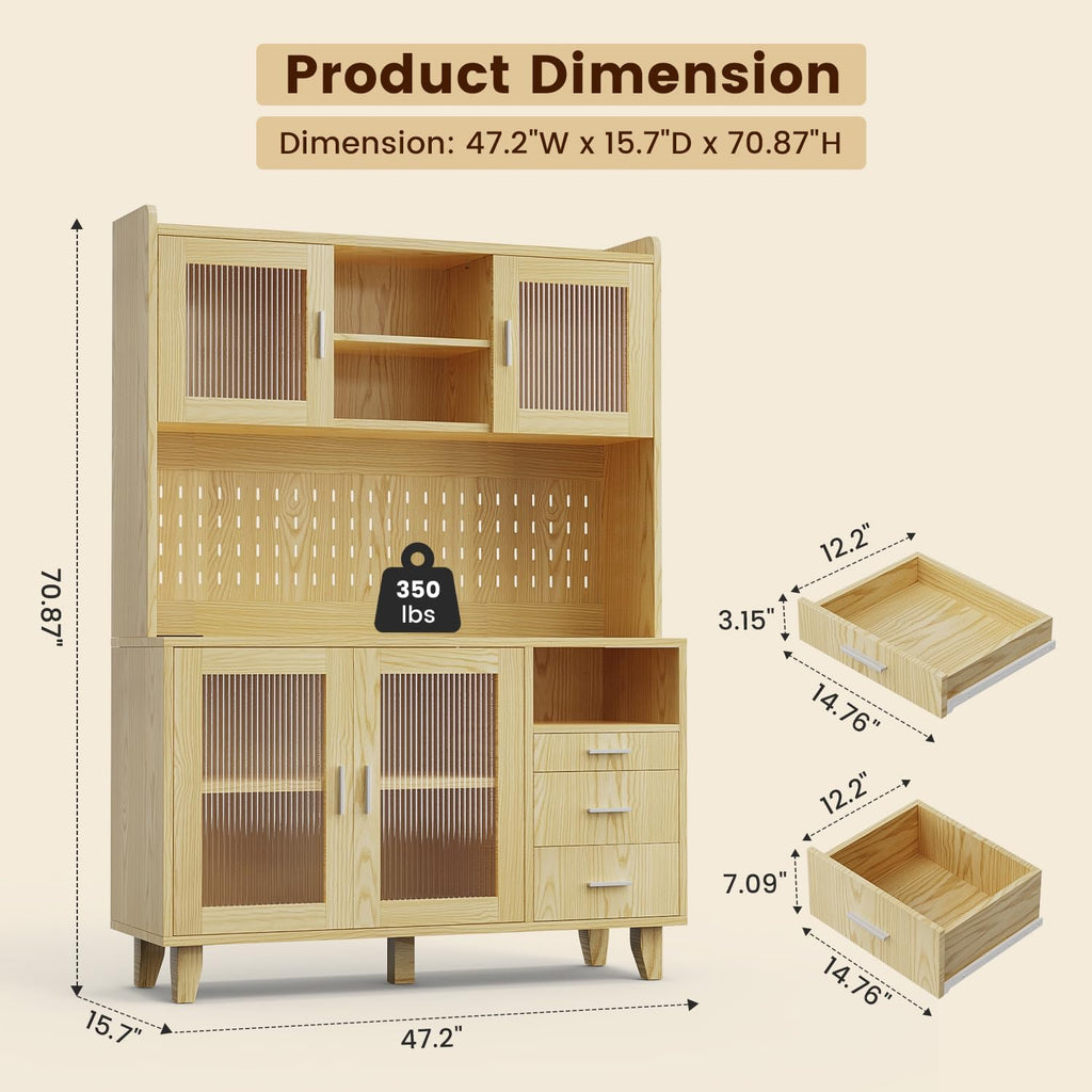 FUXA Modern Farmhouse Kitchen Pantry Cabinet with Charging Station, 71" Tall Storage Cabinet with LED Light, Microwave Stand and Drawers, Buffet Hutch for Living Room, Dining Room, Natural Wood