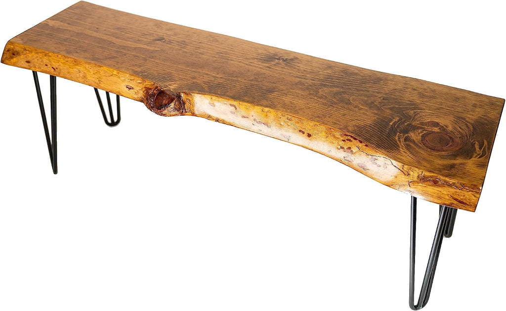 SRL Rustic Logwerks Hairpin Leg Wood Bench - Live Edge Small Bench for Home & Kitchen— Handcrafted Wooden Bench — Rustic Furniture (36”, 3Ft Honey Pine, Black Hairpin Legs)