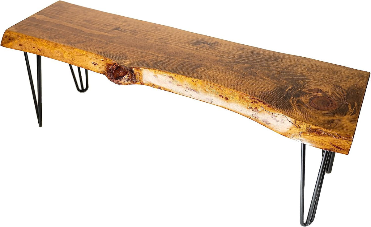 SRL Rustic Logwerks Hairpin Leg Wood Bench - Live Edge Small Bench for Home & Kitchen— Handcrafted Wooden Bench — Rustic Furniture (36”, 3Ft Honey Pine, Black Hairpin Legs)