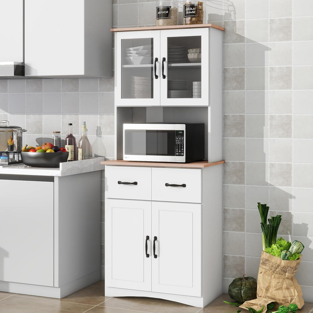Wooden Kitchen Pantry Cabinet with Framed Glass Doors & Drawer – Microwave Storage Hutch with Adjustable Shelves & Anti-Topple Design