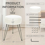 Velvet Vanity Stool Footrests, Round Ottoman Vanity Chairs with Anti-Slip Feet, Dressing Table Seat Foot Stool with Black Legs, Furry Padded Seat Side Table for Makeup Bedroom, White