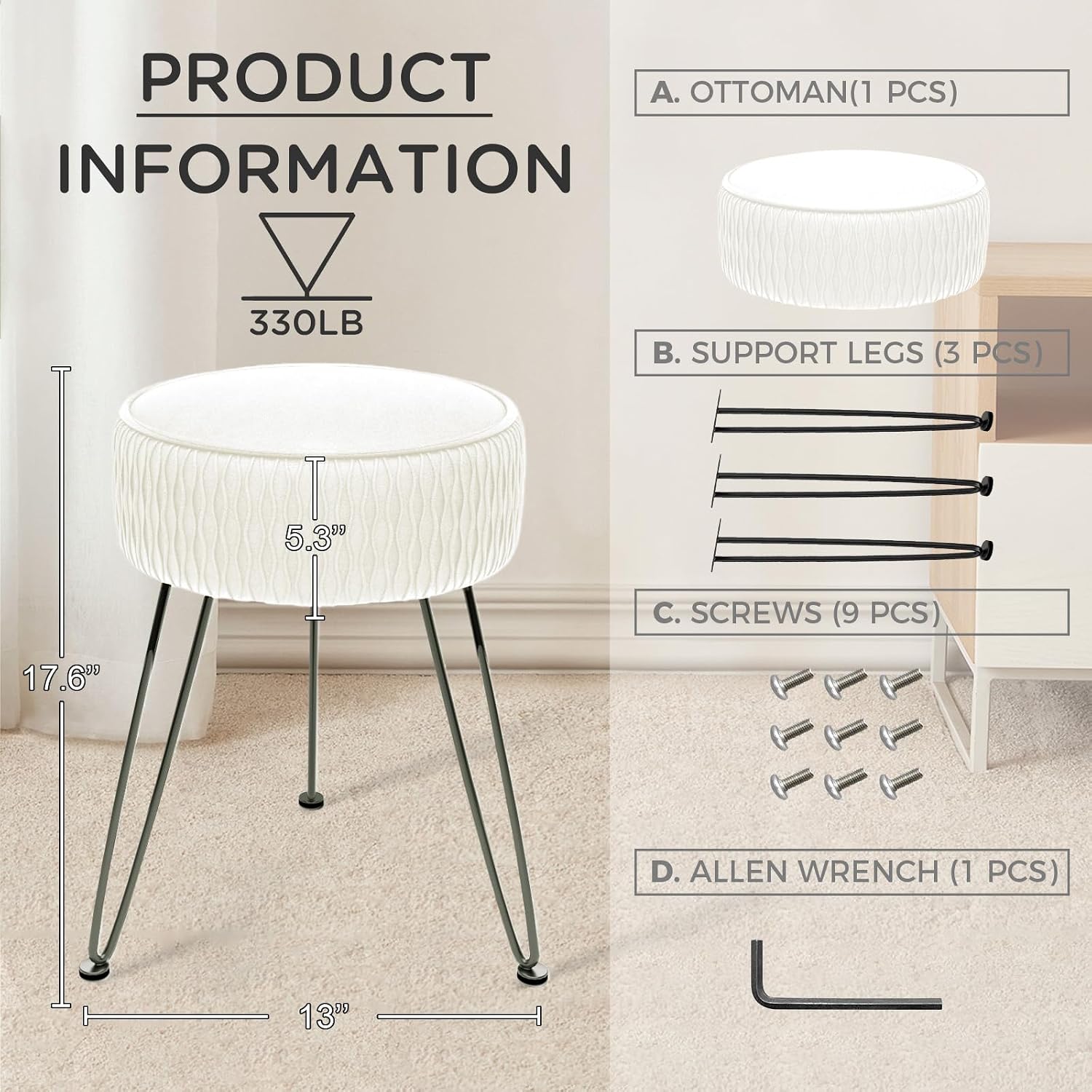 Velvet Vanity Stool Footrests, Round Ottoman Vanity Chairs with Anti-Slip Feet, Dressing Table Seat Foot Stool with Black Legs, Furry Padded Seat Side Table for Makeup Bedroom, White