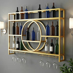 Metal Wall Mounted Wine Rack 3 Tier with LED Light Large Capacity Modern Liquor Shelves with Glass Holder Storage for Home Bar Dining Room Kitchen Living Room