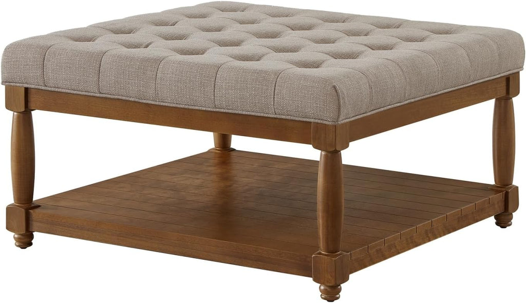 Large Square Upholstered Tufted Linen Ottoman Coffee Table, Large Footrest Ottoman with Solid Wood Shelf- Linen