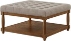 Large Square Upholstered Tufted Linen Ottoman Coffee Table, Large Footrest Ottoman with Solid Wood Shelf- Linen