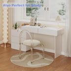 IKuinen White Makeup Vanity with Mirror and Lights, Vanity Set with Free Retractable Side Cabinet, Dresser Table with 5 Solid Wood Drawers, Luxury Dressing Table with Stylish Stool