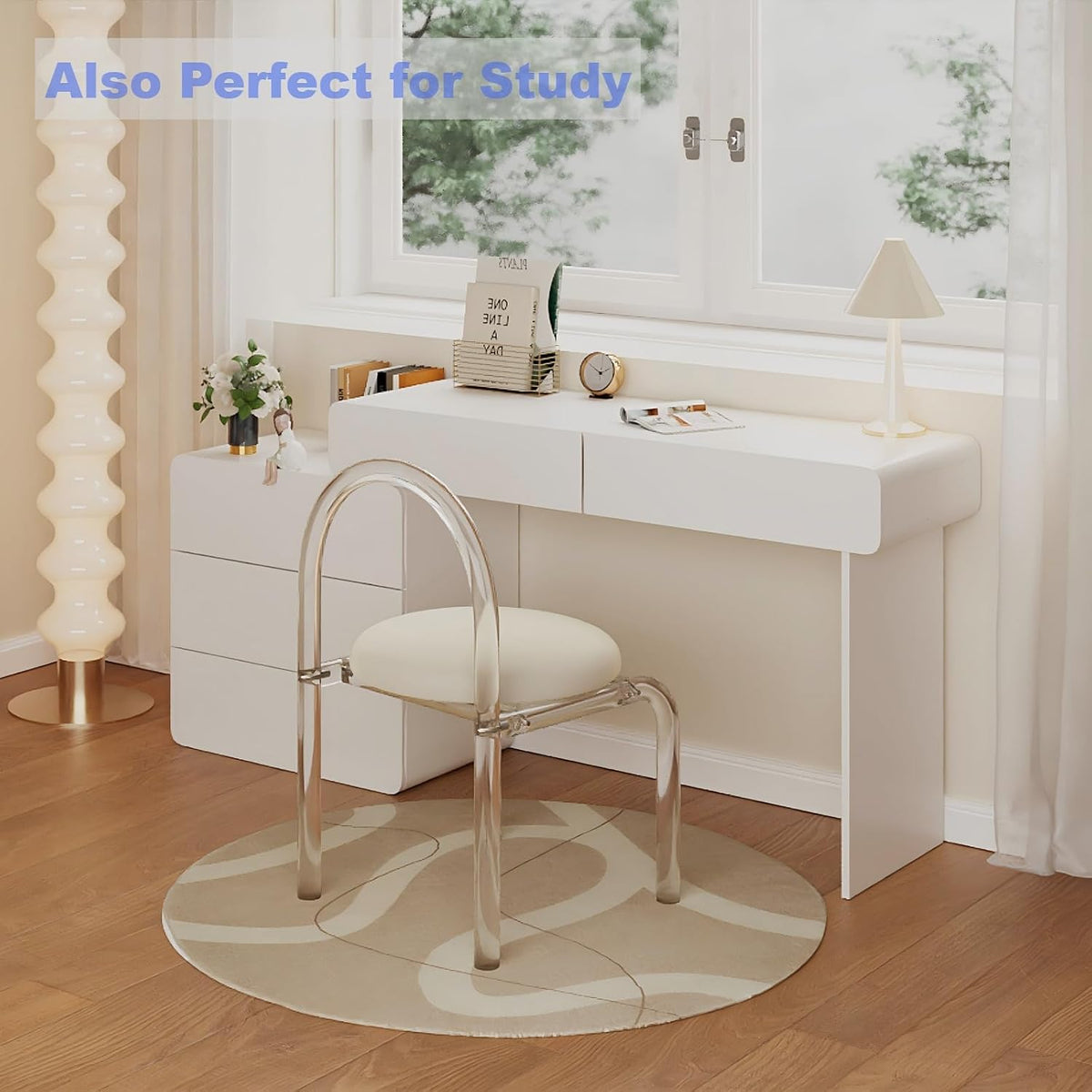IKuinen White Makeup Vanity with Mirror and Lights, Vanity Set with Free Retractable Side Cabinet, Dresser Table with 5 Solid Wood Drawers, Luxury Dressing Table with Stylish Stool