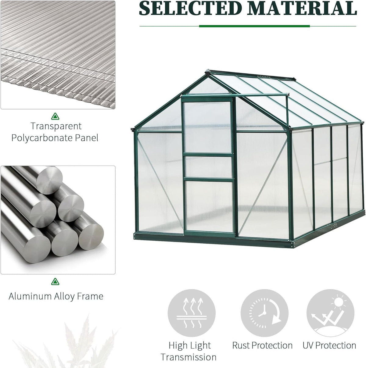 Outsunny 6' x 8' Greenhouse for Outdoors, Polycarbonate Greenhouse with Rain Gutter and Roof Vent, Aluminum Walk-in Green Houses for Outside for Patio Backyard Garden, Dark Green
