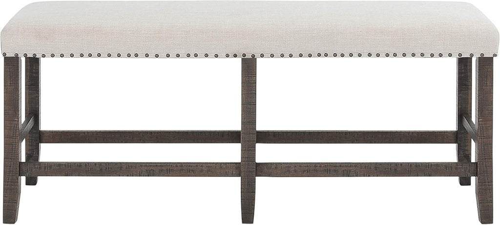 Jofran Willow Creek Distressed Pine Counter Height Dining Bench, Rustic Upholstered Bench for Dining Room Kitchen, Cream Fabric and Brown Wood