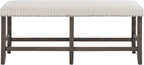 Jofran Willow Creek Distressed Pine Counter Height Dining Bench, Rustic Upholstered Bench for Dining Room Kitchen, Cream Fabric and Brown Wood