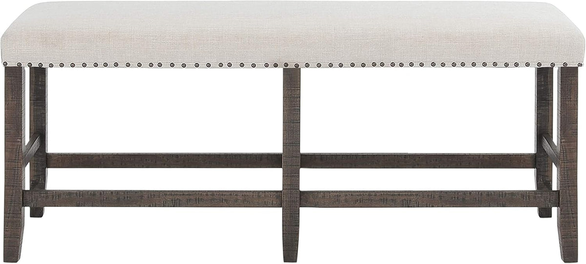 Jofran Willow Creek Distressed Pine Counter Height Dining Bench, Rustic Upholstered Bench for Dining Room Kitchen, Cream Fabric and Brown Wood