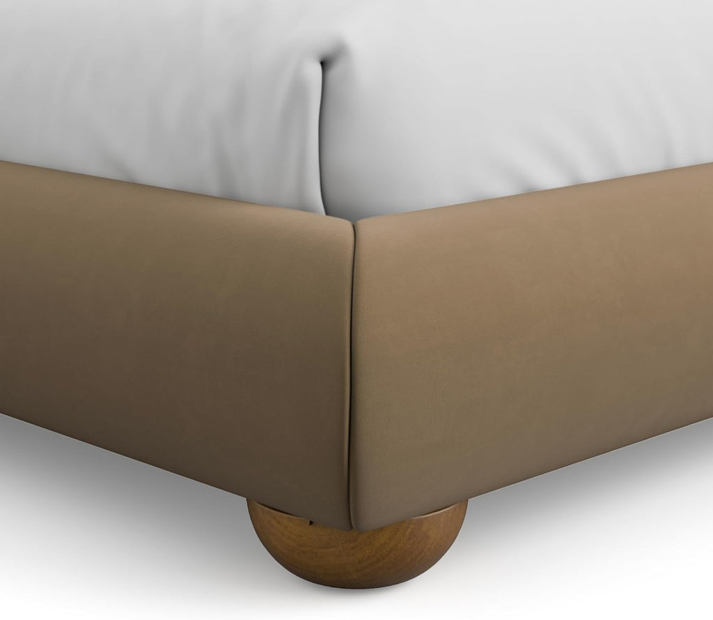 Furniture of America Lunaria Modern Velvet King Platform Bed with Camelback Headboard and Round Bun Wood Feet, Upholstered Bedframe for Bedroom, Guest Room, No Box Spring Needed, Brown