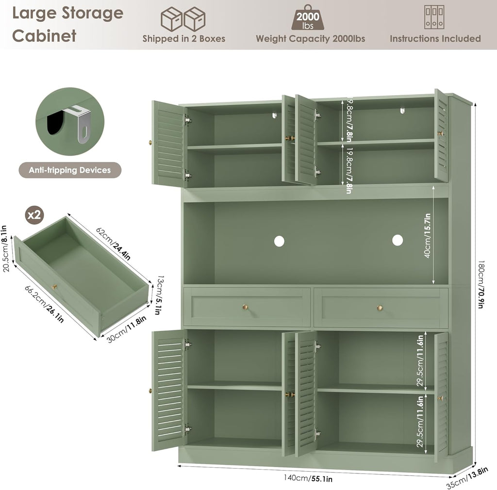 HIFIT 71“HX55“W Large Pantry Cabinet for Food Storage, Farmhouse Kitchen Hutch with Storage Drawers, Tall Kitchen Pantry Cabinet with Microwave Stand for Dining Living Room, Green