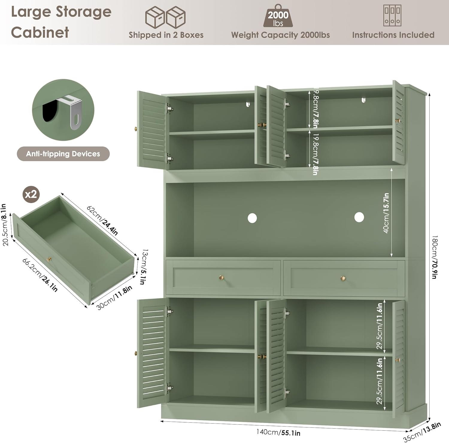 HIFIT 71“HX55“W Large Pantry Cabinet for Food Storage, Farmhouse Kitchen Hutch with Storage Drawers, Tall Kitchen Pantry Cabinet with Microwave Stand for Dining Living Room, Green