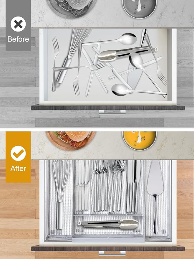 Silverware Organizer Metal Mesh, Drawer Organizer, Utensil Cutlery Tray Expandable Flatware Organizer with 7 Compartment Silver 9.4"~17.3" x 13.7"
