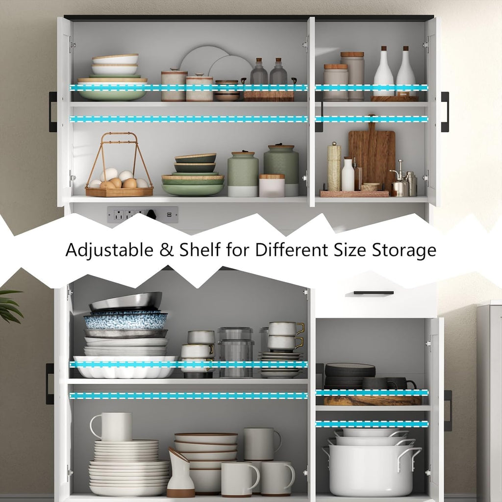 71" Pantry Cabinet,Kitchen Pantry Storage Cabine with Power Outlet,Farmhouse Kitchen Hutch Pantry Cabinet, Tall Hutch with Adjustable Shelf & Door,Food Pantry Storage for Dining Room,Kitchen (White)