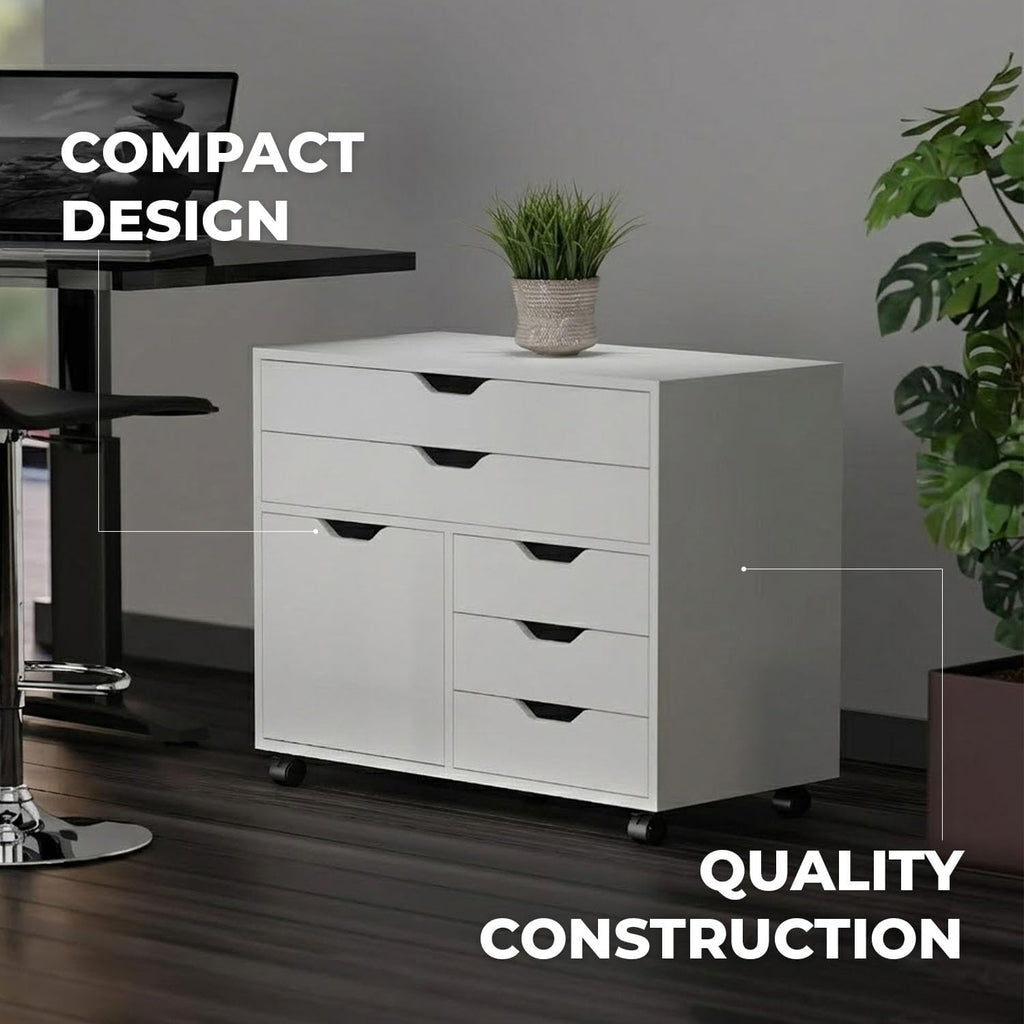 Winsome Halifax Mobile Storage Cabinet with 1 Door & 5 Drawers, White | Stylish & Functional Home Storage Cabinet for Filing, Kitchen Organization, Moveable Furniture for Office, Dorms, Apartments