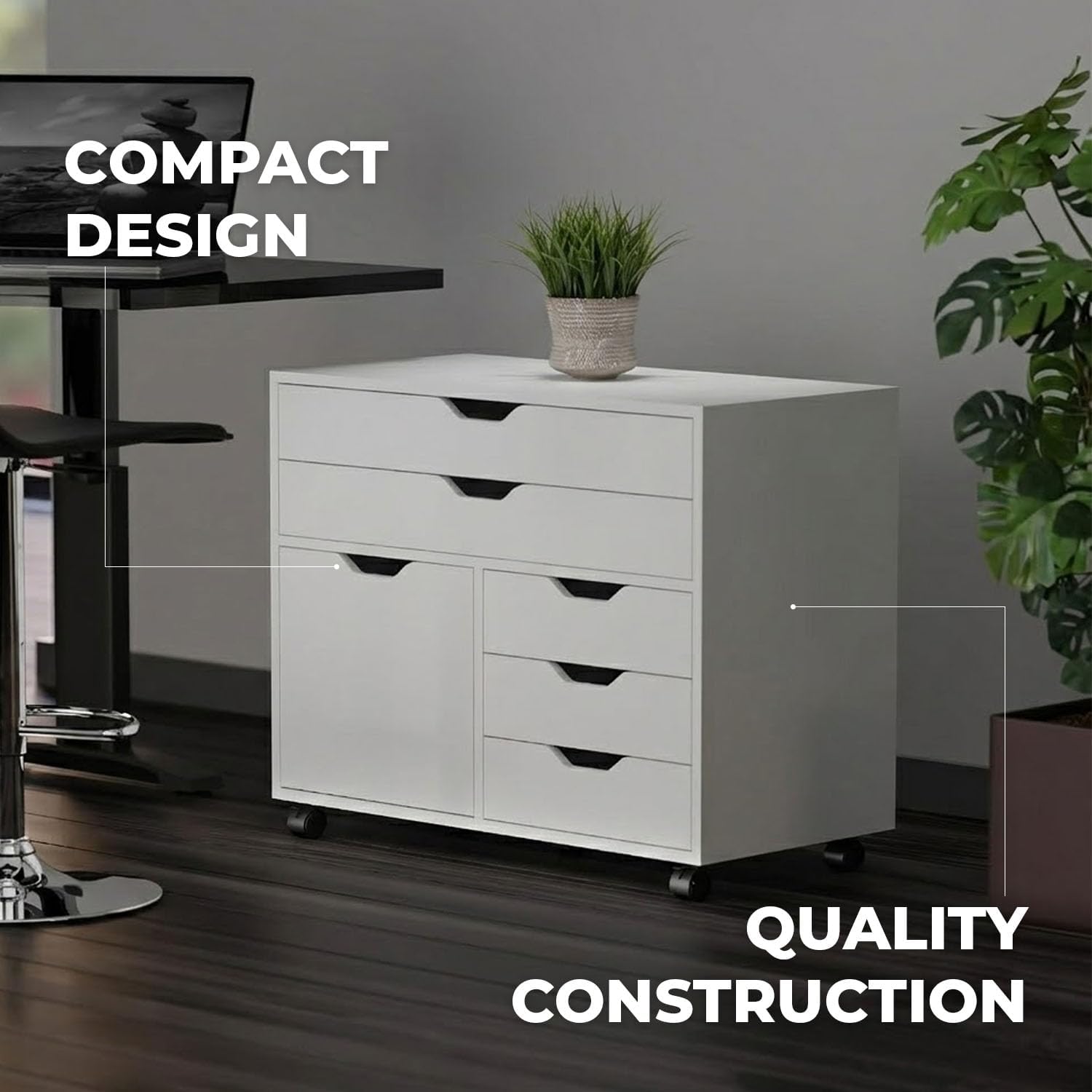 Winsome Halifax Mobile Storage Cabinet with 1 Door & 5 Drawers, White | Stylish & Functional Home Storage Cabinet for Filing, Kitchen Organization, Moveable Furniture for Office, Dorms, Apartments