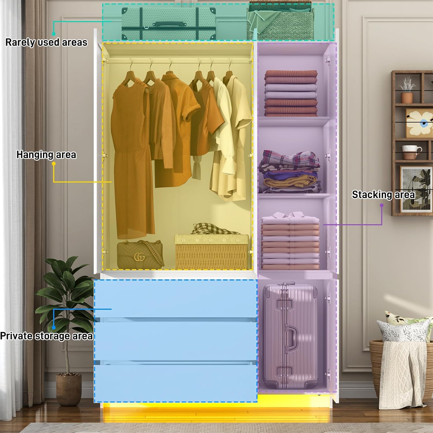 75"H Tall Modern 3 Doors Wooden Armoire Wardrobe Closet with 3 Drawers & 2 Mirror,Clothing Storage Cabinet with Hanging Rod,Bedroom Large Freestanding Armoires with Led Lights for Bedroom,White