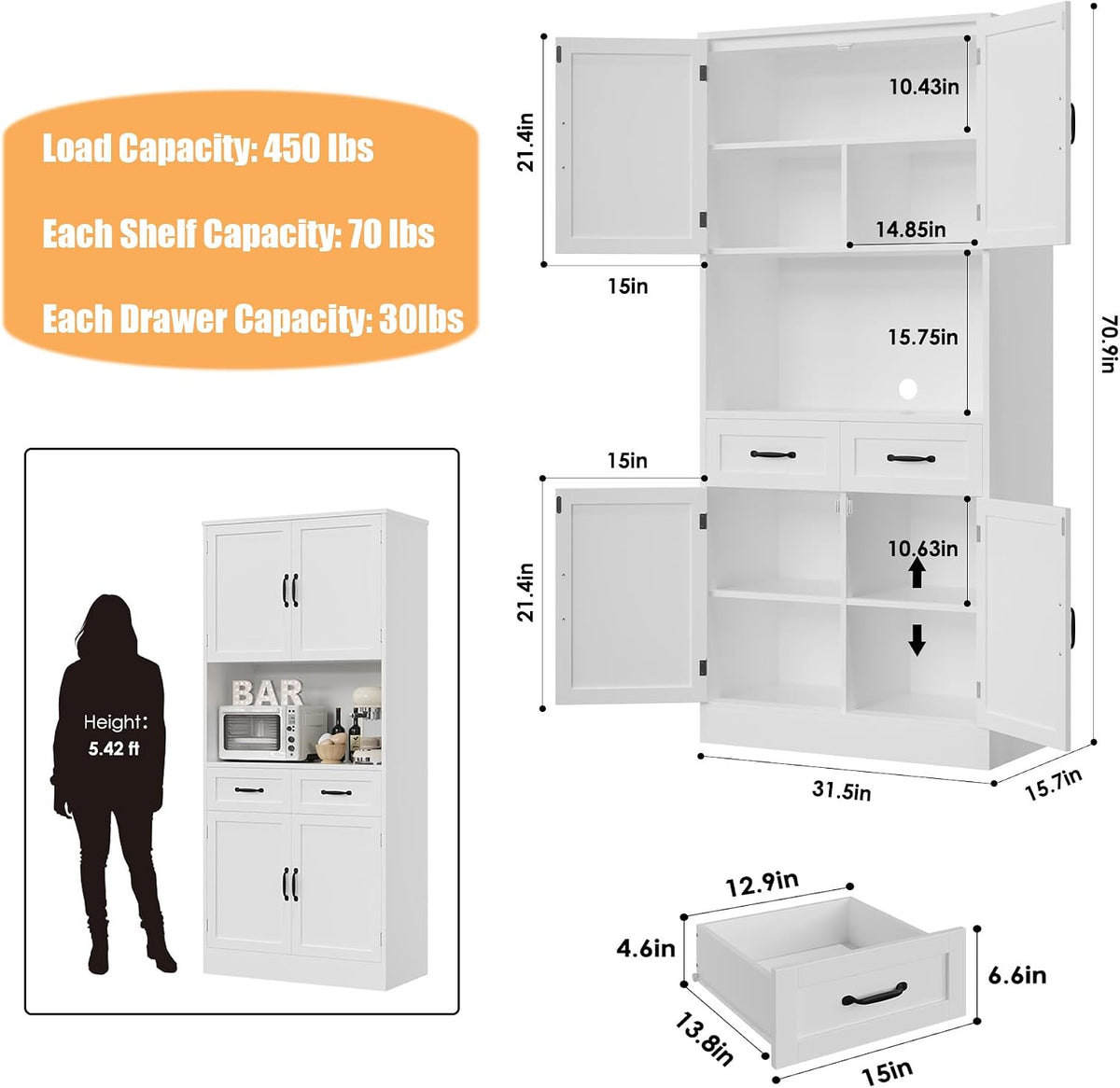 HOSTACK 71" Tall Kitchen Pantry Storage Cabinet, Wood Kitchen Hutch, White | Modern Pantry Cabinet with Microwave Stand, Hutch Cabinet with Countertop & Drawers, Storage Cabinet for Living Room