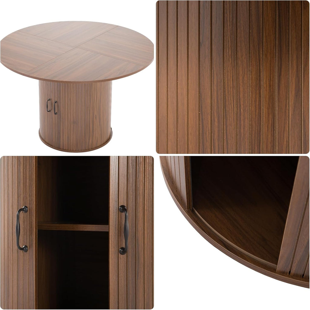 Round Dining Table with Storage Cabinet, Wood Kitchen Table with Double Doors & 2-Tier Storage Shelves, Cylindrical Pedestal Table for Small Spaces, Living Room, Seat for 4-6 People, Walnut