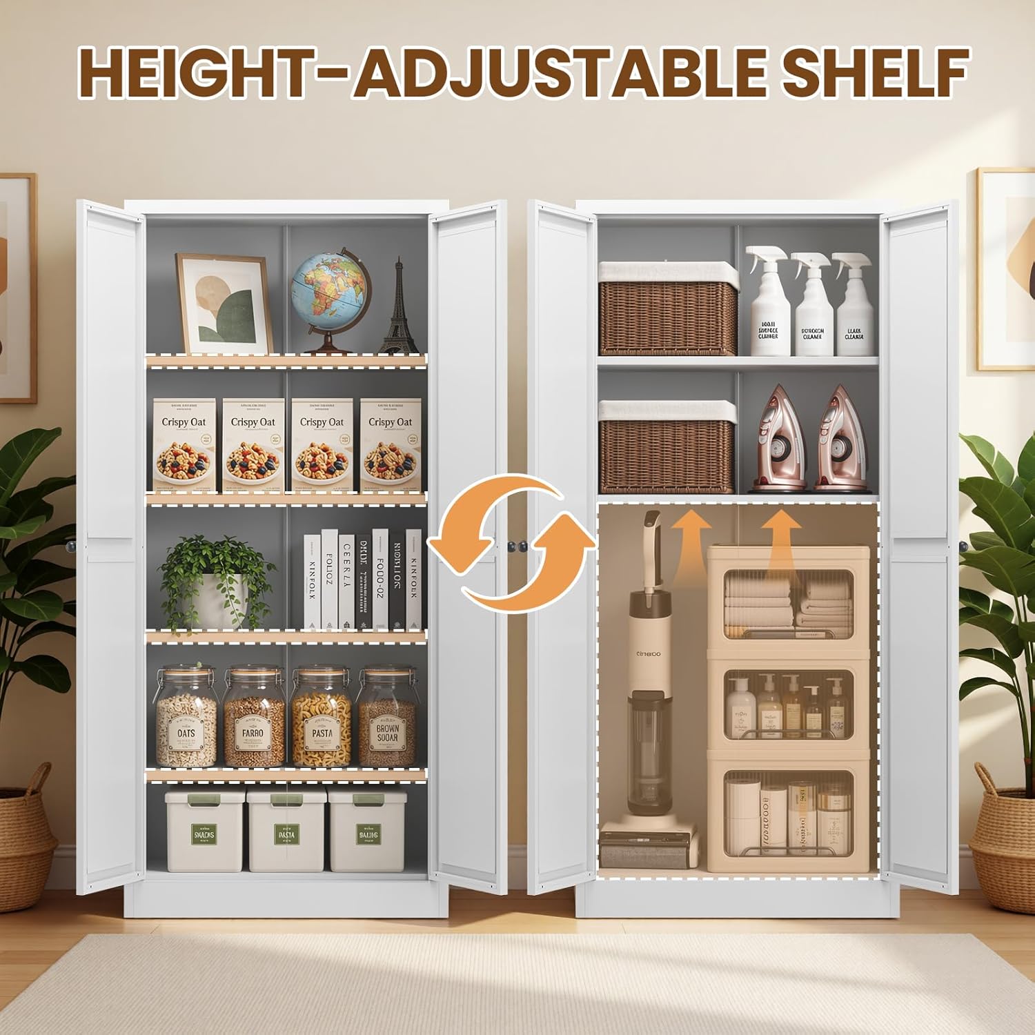 Metal Pantry Cabinet, 61" Kitchen Pantry Cabinet with 2 Doors and 4 Adjustable Shelves, White Steel Storage Cupboard for Dining, Office, Living Room, Bathroom