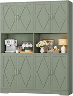 HOSTACK 55" W Pantry Cabinet, 71" Tall Kitchen Hutch Storage Cabinet, Green | Farmhouse Hutch Cabinet with 2 Independant Countertops, 4 Large Storage Cabinets with Shelves / Accent Doors for Dining Room