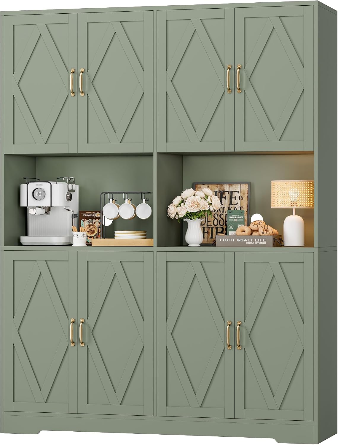 HOSTACK 55" W Pantry Cabinet, 71" Tall Kitchen Hutch Storage Cabinet, Green | Farmhouse Hutch Cabinet with 2 Independant Countertops, 4 Large Storage Cabinets with Shelves / Accent Doors for Dining Room