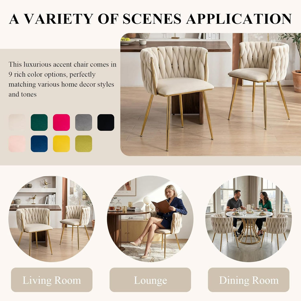 Modern Hand Weaving Dining Chairs Set of 2, Velvet Upholstered Dining Room Chairs with Gold Legs, Elegant Side Chair with Curved Backrest, Accent Chair for Dining Room, Kitchen (Ivory)