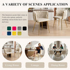 Modern Hand Weaving Dining Chairs Set of 2, Velvet Upholstered Dining Room Chairs with Gold Legs, Elegant Side Chair with Curved Backrest, Accent Chair for Dining Room, Kitchen (Ivory)