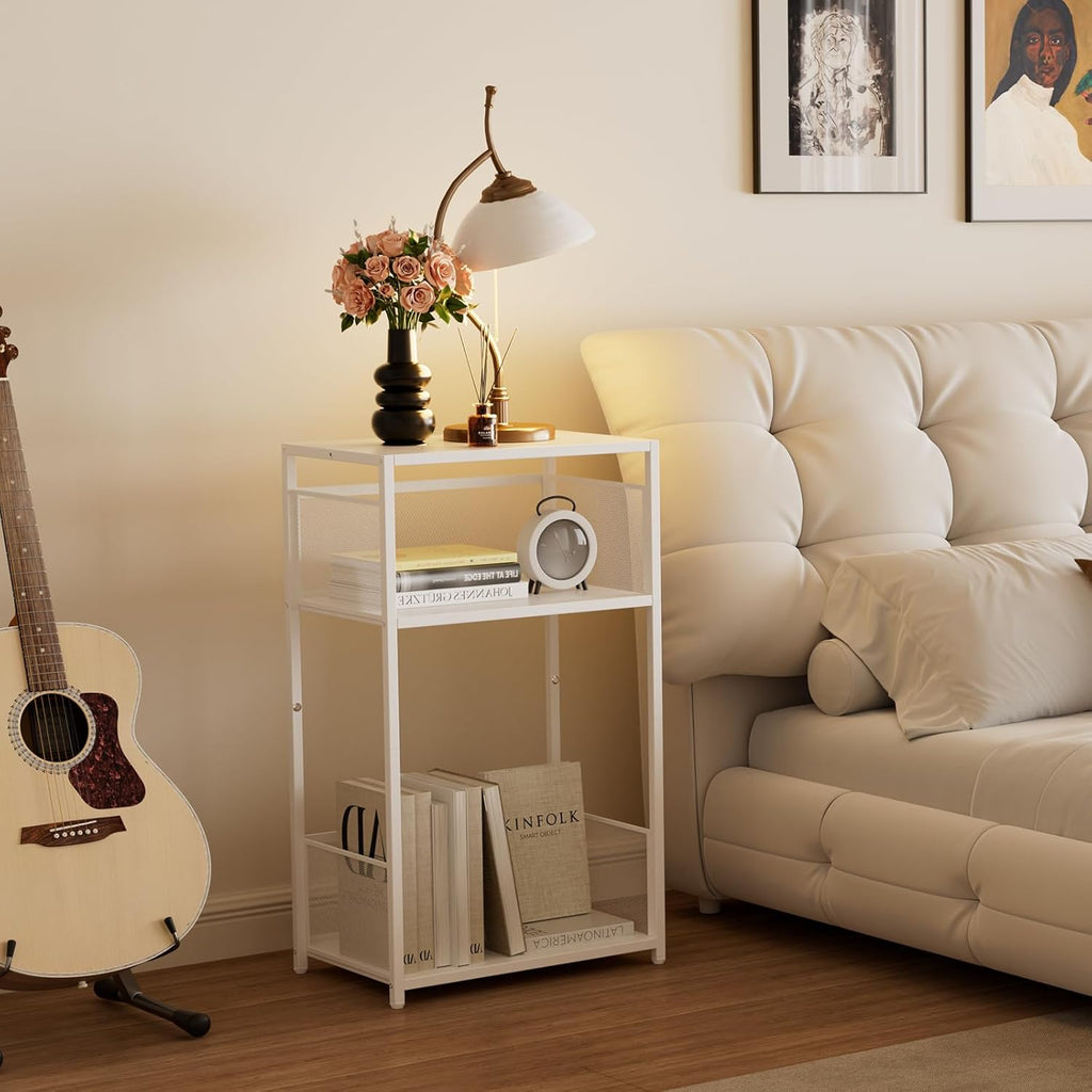 Aduanbang 3 Tier End Table,Record Player Stand with Storage Up to 100 Albums,Turntable Stand for Vinyl,White Records Shelf for Living Room Bedroom