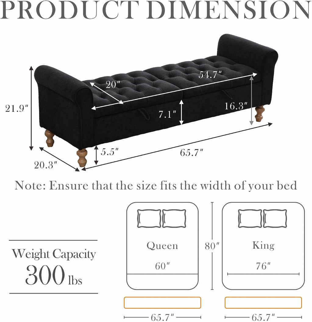 Aoiy & Wifon 65.75" W Large Storage Ottoman Bench, Modern King Size End of Bed Storage Bench with Wood Legs, Upholstered Window Bench for Bedroom, Living Room, Entryway, Black