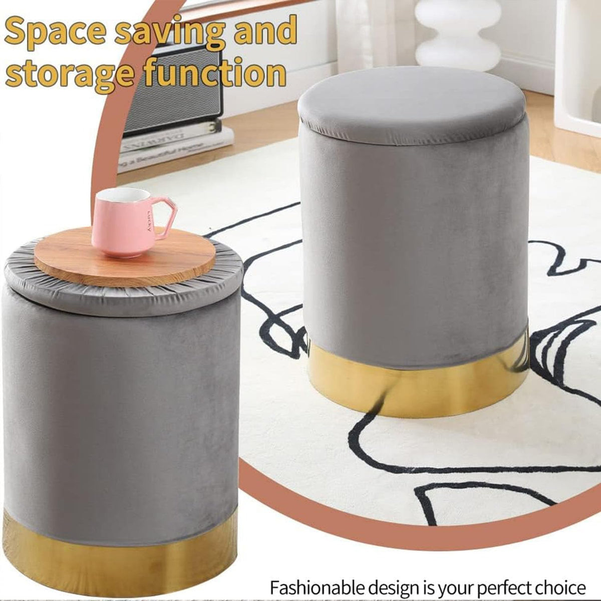 Round Ottoman Set of 2,Upholstered Footrest Stool Support 300lbs,Modern Padded Seat Foot Stool Coffee Table,Vanity Stool with Storage and Metal Legs for Living Room (Grey Velvet)