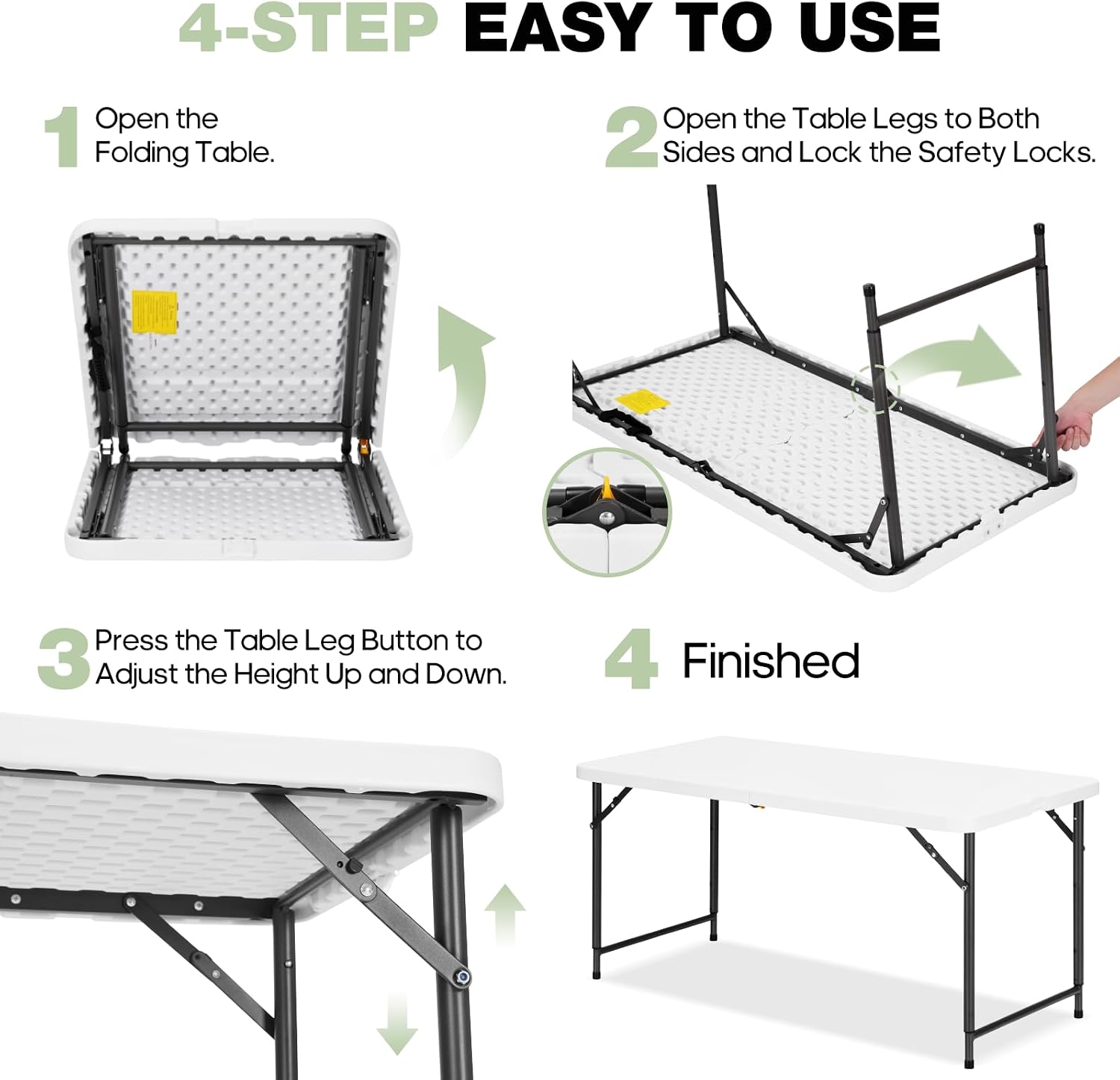 4ft Folding Table with Adjustable Height, 3-Level Foldable Table with HDPE Top & Steel Legs, Portable 4 Foot Folding Table for Picnic, Party, Craft, Indoor Outdoor Use, White