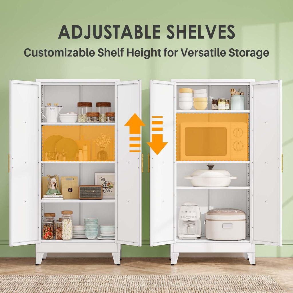 61" Kitchen Pantry Cabinet, Metal Storage Cabinet with 2 Doors and 3 Adjustable Shelves, White Food Pantry Cupboard for Kitchen, Dining Room, Living Room and Bathroom (White)