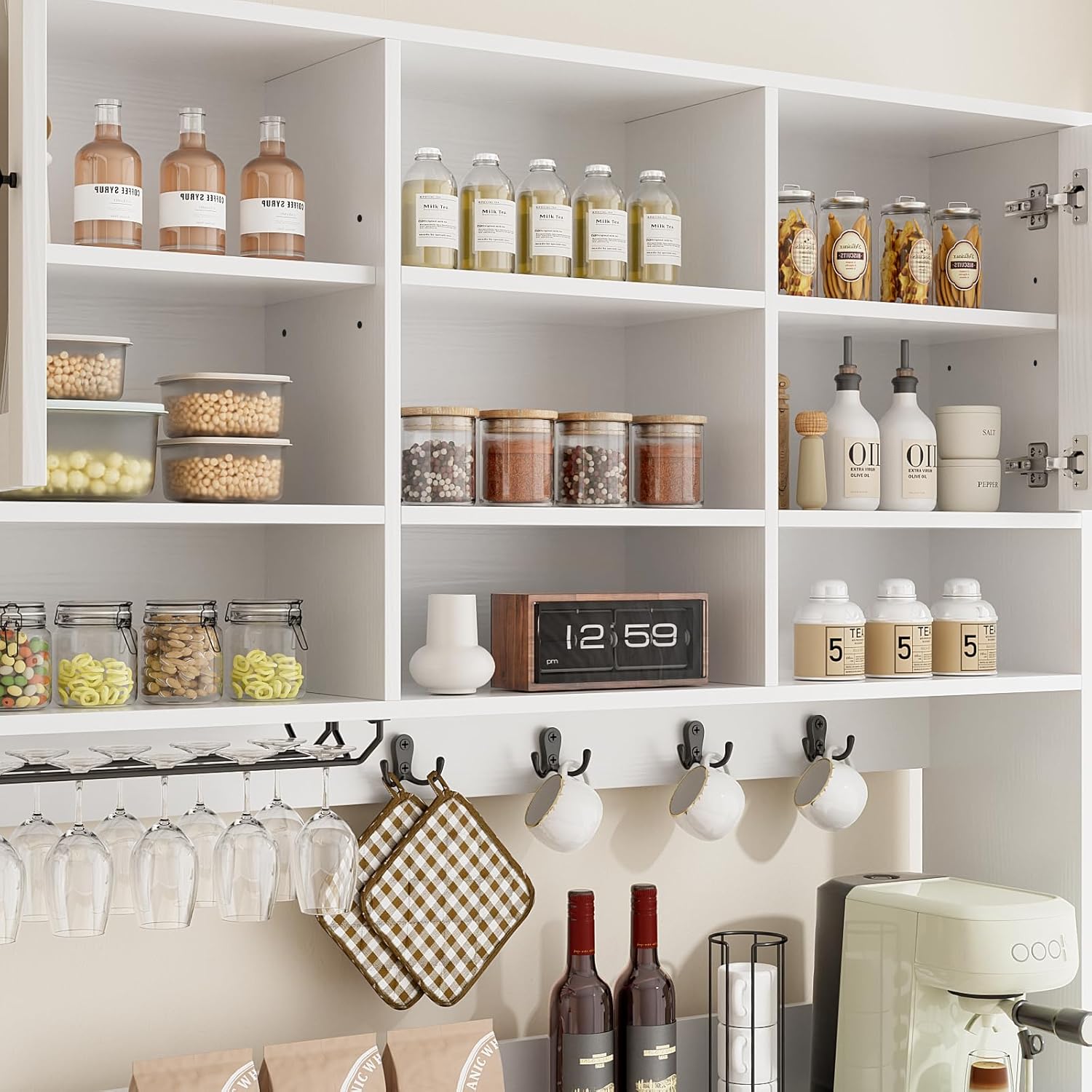 VOWNER Kitchen Hutch Storage Cabinet Microwave Shelf, Freestanding Pantry with 4 Glass Doors and 2 Drawers, Modern Sideboard Buffet Cabinet for Kitchen, Dining Room, Living Room, White