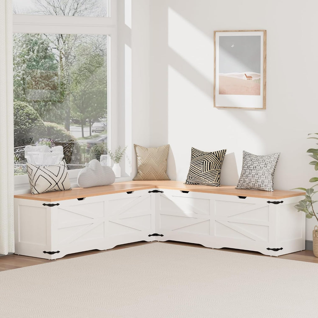 Godchoices Kitchen Breakfast Nook Bench, L Shape Corner Storage Bench, Farmhouse Corner Dining Bench with Hidden Storage for Dining Room, Living Room, Entryway