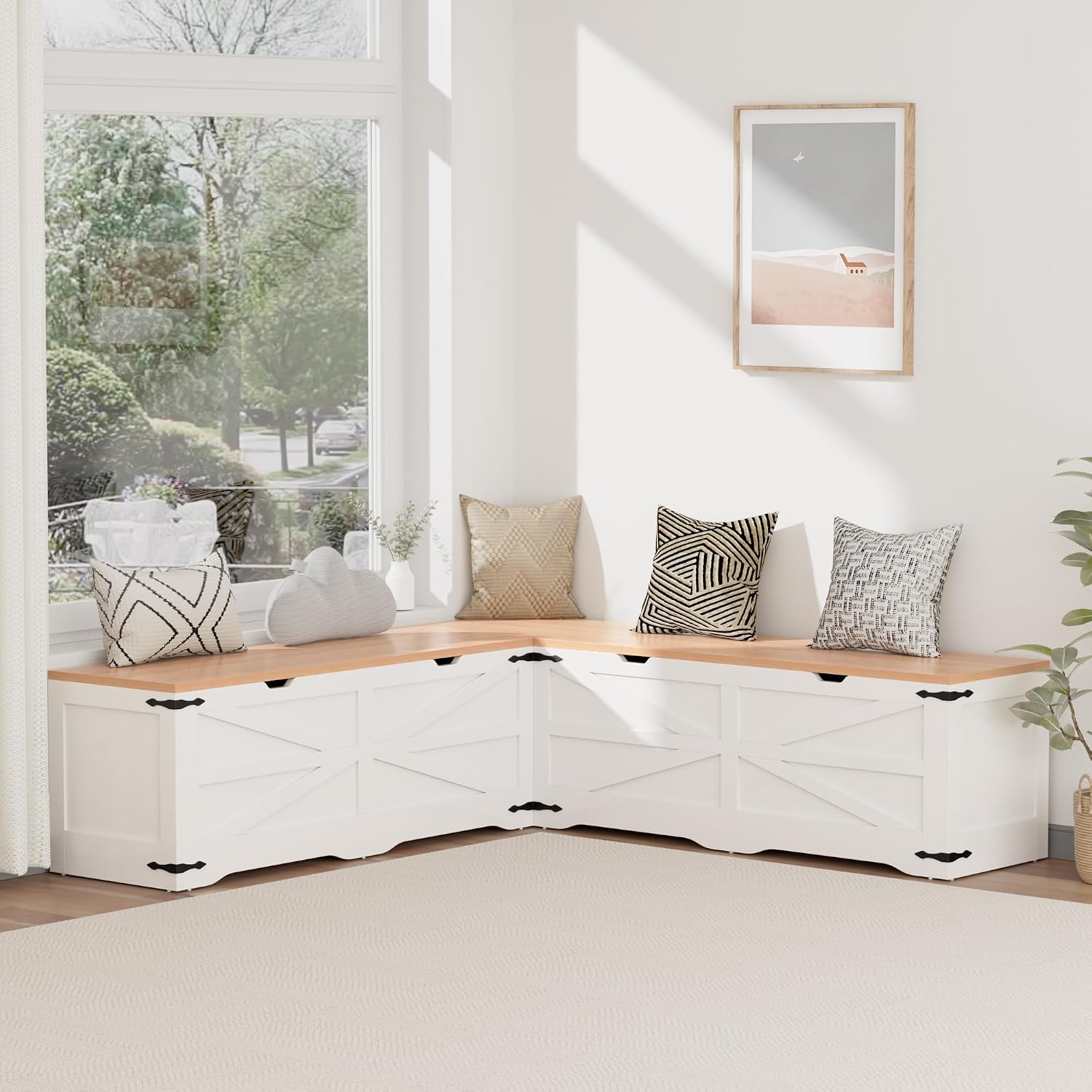 Godchoices Kitchen Breakfast Nook Bench, L Shape Corner Storage Bench, Farmhouse Corner Dining Bench with Hidden Storage for Dining Room, Living Room, Entryway