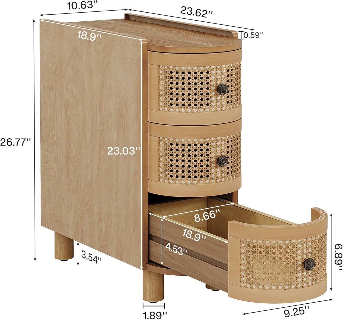 Tribesigns Solid Wood End Table, 3-Drawer Rattan Side Table, Night Stand with 3 Rattan Drawers and Embossed Handles for Living Room, No Assembly Required (1, Oak)