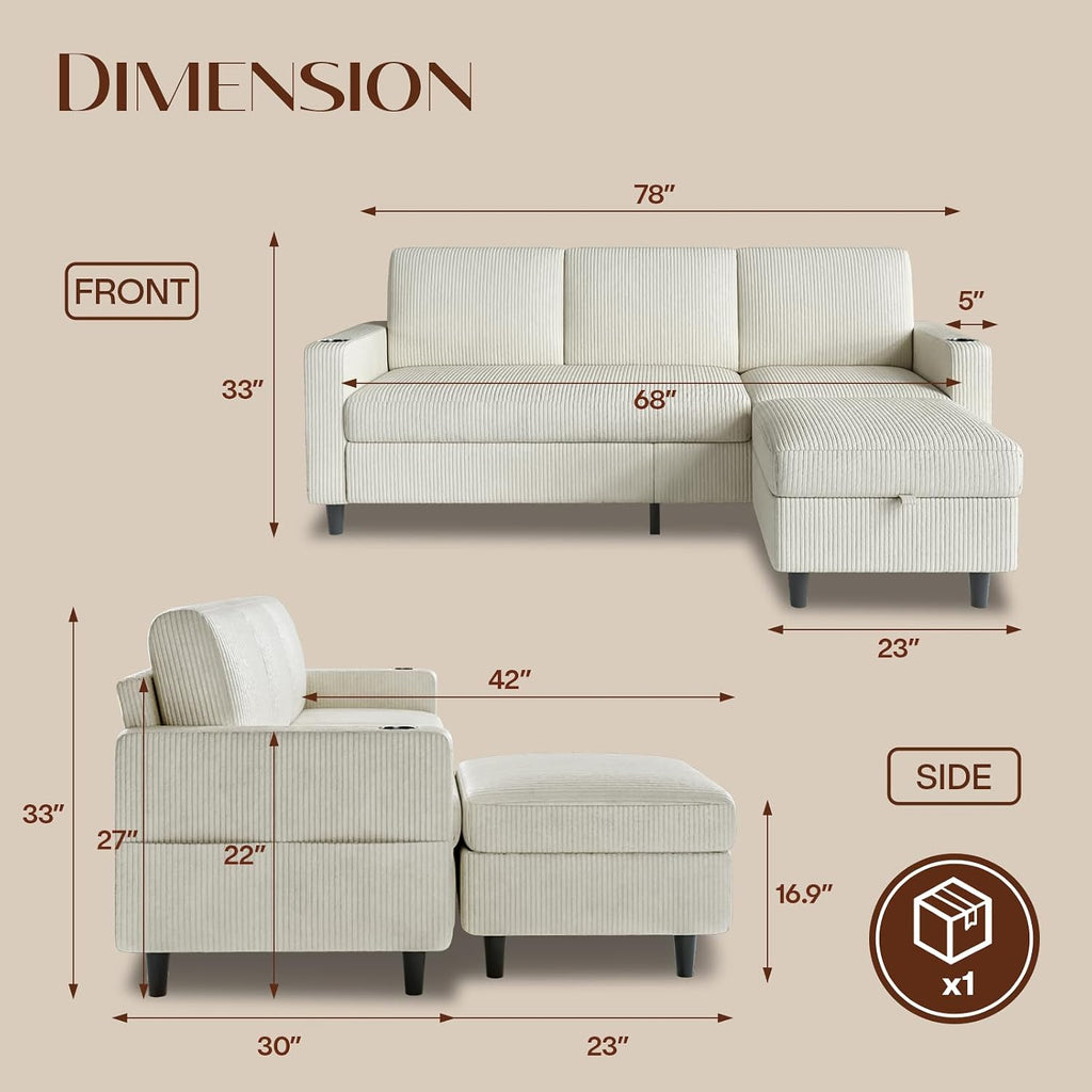 Convertible Sectional Couches for Living Room, 3 Seats L Shaped Sofa with Storage Ottoman & 2 Cup Holders, Modern Corduroy Couch Small Sofas for Small Space, Apartment, Office, Beige