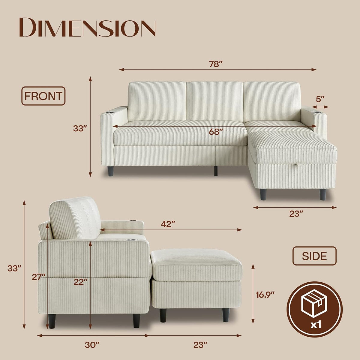 Convertible Sectional Couches for Living Room, 3 Seats L Shaped Sofa with Storage Ottoman & 2 Cup Holders, Modern Corduroy Couch Small Sofas for Small Space, Apartment, Office, Beige