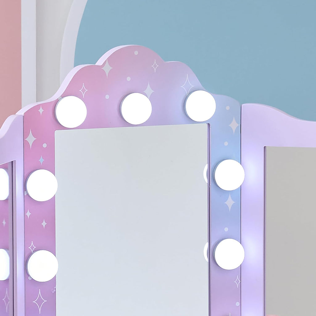 Teamson Kids Gisele Medium Vanity with Stool, Purple, Ages 3+ | Stardust Print, LED Lights & Touch Sensor Mirror, Storage Drawer, Pretend Play, Elegant Dressing Table Set