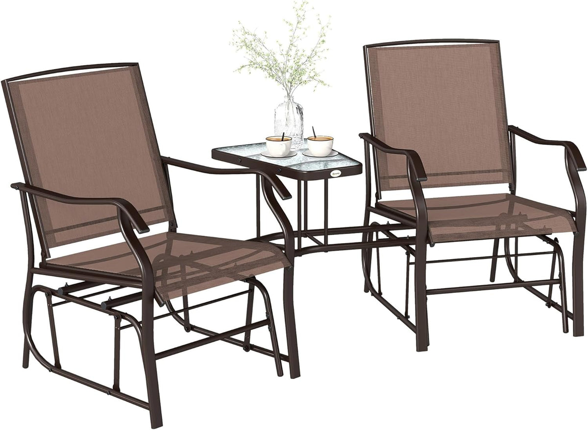 Outsunny Outdoor Glider Chair with Table 2-Seat Patio Loveseat Coffee Brown | Rocking Chair Swing Love Seat, Breathable Sling, Backyard Garden Porch