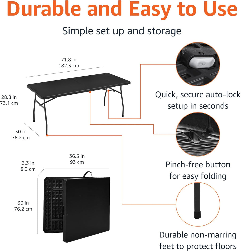 Amazon Basics Heavy Duty Portable Folding Table, 6 ft, Indoor & Outdoor, Fold-in-Half Design with Carrying Handle, for Events, Easy Folding and Storage, Black | Portable