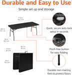 Amazon Basics Heavy Duty Portable Folding Table, 6 ft, Indoor & Outdoor, Fold-in-Half Design with Carrying Handle, for Events, Easy Folding and Storage, Black | Portable