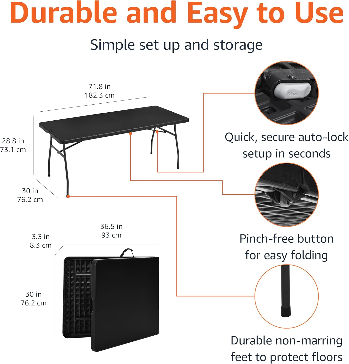 Amazon Basics Heavy Duty Portable Folding Table, 6 ft, Indoor & Outdoor, Fold-in-Half Design with Carrying Handle, for Events, Easy Folding and Storage, Black | Portable