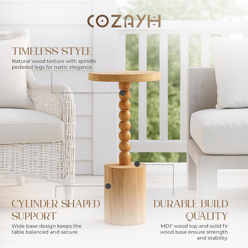 COZAYH Set of 2 Farmhouse Pedestal End Tables, Round Rustic Wood Drink Table with Base Small Space Living Room, Bedroom, Natural Wood Color