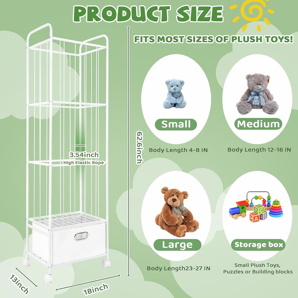Stuffed Animal Storage, Metal Stuff Animals Zoo Holder with Fabric Drawer and Wheels Tall Vertical Plushies Toy Organizer Plush Storage Cage with Elastic Band for Nursery Playroom Corner