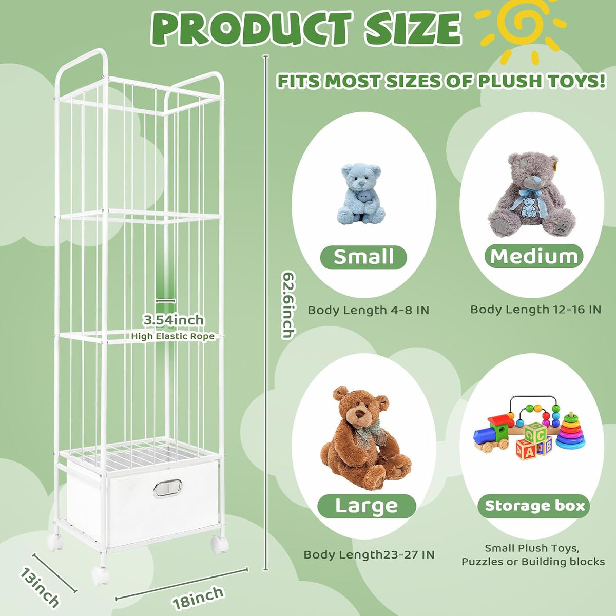 Stuffed Animal Storage, Metal Stuff Animals Zoo Holder with Fabric Drawer and Wheels Tall Vertical Plushies Toy Organizer Plush Storage Cage with Elastic Band for Nursery Playroom Corner